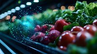 Fresh organic strawberries and cherries with water drops on dark background, magical bokeh light effect and green leaves create dreamy food composition.