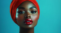 Young African woman wearing bright red headwrap and lipstick against turquoise background, showcasing dramatic makeup and glowing skin in contemporary beauty portrait.
