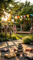 Cozy backyard garden party setup with colorful bunting, string lights, zen stones, cushions and candles creating warm evening atmosphere for celebration.