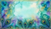 Watercolor peacock feathers frame with vibrant blue, purple and turquoise colors creating decorative border for wedding invitations and elegant designs.