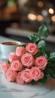 Pink roses bouquet with coffee cup on marble surface, soft bokeh background creates romantic morning atmosphere. Perfect for Valentine's Day or wedding designs.
