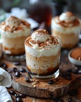 Layered coffee dessert with whipped cream and caramel in glass cups on wooden board, sprinkled with cocoa powder and coffee beans, moody food photography.
