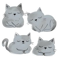 Cute gray sleeping cats with closed eyes in different poses on white background. Isolated illustration for children's design, nursery decor, and pet-themed projects.