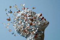 Woman's head covered in blooming flowers and colorful butterflies flying away against soft blue sky, symbolizing freedom, transformation, and mental wellness.