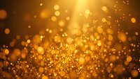 Golden bokeh lights creating magical atmosphere with glowing particles and blurred circles against dark brown background.