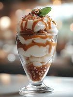 Layered ice cream sundae with caramel sauce, whipped cream and chocolate crumbs in glass dessert cup, topped with fresh mint leaf against blurred bokeh background.