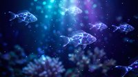 Glowing translucent fish swimming in deep blue ocean waters with magical bioluminescent particles and ethereal lighting effects for fantasy designs.