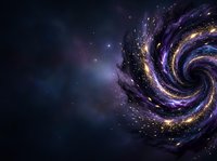 Spiral galaxy with glowing golden particles and cosmic dust swirling through deep space, creating an abstract celestial vortex for astronomy and science backgrounds.