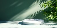 White round podium with palm leaves shadow on green wall background, minimalist product display platform for cosmetic presentation and branding.