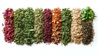 Colorful dried herbs, spices and nuts arranged in neat rows on white background, overhead view showing texture and variety of natural food ingredients.