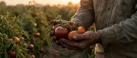 Farmer hands holding fresh ripe tomatoes at sunset in organic vegetable garden. Agricultural harvest concept for healthy eating and sustainable farming.