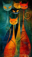 Stylized cats with spiral patterns and expressive faces on dark textured background in orange, red, and blue tones. Decorative art with mystical feline mood.