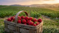 Fresh ripe strawberries in wooden basket at organic farm field during golden hour sunset with rolling hills and agricultural landscape background.
