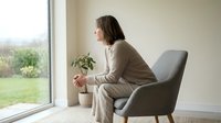 Thoughtful middle-aged Caucasian woman sitting in armchair by window, gazing outside with pensive expression, conveying loneliness, reflection, or mental health concept.