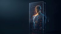 Futuristic holographic medical scan showing male patient anatomy with glowing data points and vital signs in dark environment with blue technology glow.