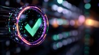 Glowing green checkmark symbol in futuristic circular interface with pink and purple neon lights against dark background with bokeh effect. Digital technology concept.