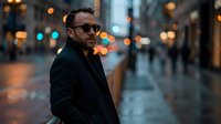 Mature man with dark hair and beard wearing sunglasses and black blazer standing on wet urban street at dusk with blurred city lights in background for lifestyle and fashion concepts.