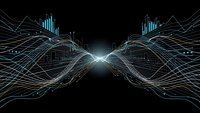 Digital data streams converging with glowing light burst on black background for technology and network visualization concepts.