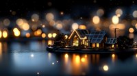 Cozy lakeside houses with solar panels illuminated at night, reflecting on calm water surface with magical bokeh lights creating dreamy atmosphere.