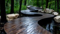 Curved wooden pathway winding through green forest with natural stone borders and water features creates serene walking experience in nature park setting.