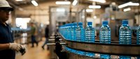 Bottled water production line with blue plastic bottles moving on conveyor belt in industrial factory setting with workers and equipment.