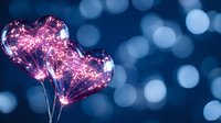 Pink glowing heart-shaped balloons with sparkle lights inside against dark blue bokeh background, romantic Valentine's Day concept for celebration designs.