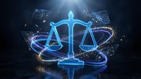 Digital justice scales with glowing blue light effects and floating legal documents in futuristic courtroom setting for law technology concepts.