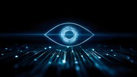 Futuristic digital eye symbol with glowing blue neon light effects and data streams on dark technology background for cybersecurity and AI concepts.
