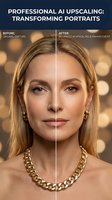 Before and after comparison showing AI upscaling enhancement of a portrait. Left side displays original lower resolution capture, right side shows advanced AI-enhanced clarity and detail improvement for professional photography editing.