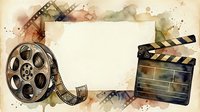Vintage film reel and movie clapper board frame with blank center space, watercolor style background with filmstrip elements for cinema, entertainment, and movie production projects.