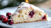 Fresh cranberry cake slice with powdered sugar dusting and bright red berries on white plate, macro close-up showing moist, tender crumb texture and festive holiday baking.
