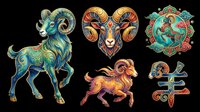 Aries zodiac ram set with ornate decorative elements, isolated on transparent background. Five colorful astrology clipart assets for stickers, sublimation, t-shirt design, and print on demand.