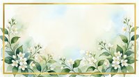 Elegant floral frame with white flowers and green leaves on soft watercolor background, gold border for wedding invitations and greeting cards.