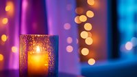 Glowing candle in decorative glass holder against blurred purple and blue background with golden bokeh lights creating cozy atmosphere.