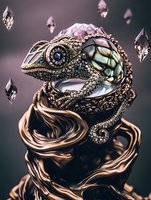 Ornate fantasy chameleon with jeweled skin and metallic details against dark background, surrounded by floating crystal gems in mystical atmosphere.