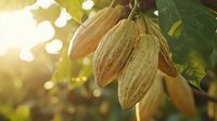 Fresh cacao pods hanging on tree branch with green leaves in warm sunset light, natural organic chocolate agriculture farming background.