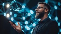 Bearded Caucasian man in glasses and black shirt interacting with glowing digital particles and bokeh lights, representing technology innovation and future concepts.