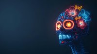 Glowing neon skull decorated with vibrant flowers against dark background, featuring blue and pink luminous details creating mystical Mexican folk art style.