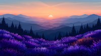 Sunset over mountain landscape with purple lavender fields in foreground and silhouetted pine trees framing misty layered hills.