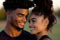Young African American couple sharing intimate moment outdoors with warm golden hour lighting creating romantic atmosphere for lifestyle photography.