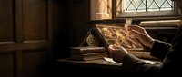 Vintage wooden desk with open ancient book in warm sunlight streaming through diamond-paned window creating atmospheric study scene for historical education content.