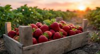Fresh ripe strawberries in wooden crate at sunset farm field with golden light and green plants creating warm agricultural harvest scene.
