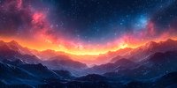 Majestic mountain landscape under vibrant starry sky with pink and blue nebula clouds illuminating snowy peaks at sunset, creating dreamlike panoramic scenery.