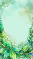 Watercolor botanical frame with flowing green and turquoise leaves, soft yellow accents, and luminous particles on pale mint background. Isolated design element suitable for invitations, greeting cards, and digital projects.