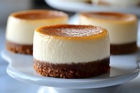 Mini cheesecake with chocolate cookie crust and caramelized top layer on white plate, close-up view showing creamy texture and distinct layers of dessert.