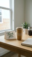 Wooden desk with eco bamboo reusable coffee cup, thank you card, green plant, and coffee beans jar in bright minimal workspace.