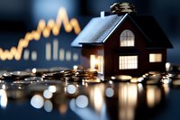 Miniature house model with glowing windows on pile of coins against financial chart background, representing real estate investment and property market trends.