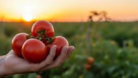 Fresh ripe red tomatoes in farmer's hand at sunset in agricultural field. Organic vegetable harvest concept for healthy eating and sustainable farming.