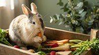 Adorable brown rabbit eating fresh carrot in wooden crate surrounded by vegetables and herbs in natural sunlight for pet care and healthy nutrition.