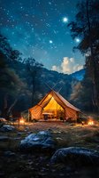 Illuminated glamping tent under starry night sky in mountain wilderness, with glowing campfires and warm interior light creating cozy outdoor atmosphere.